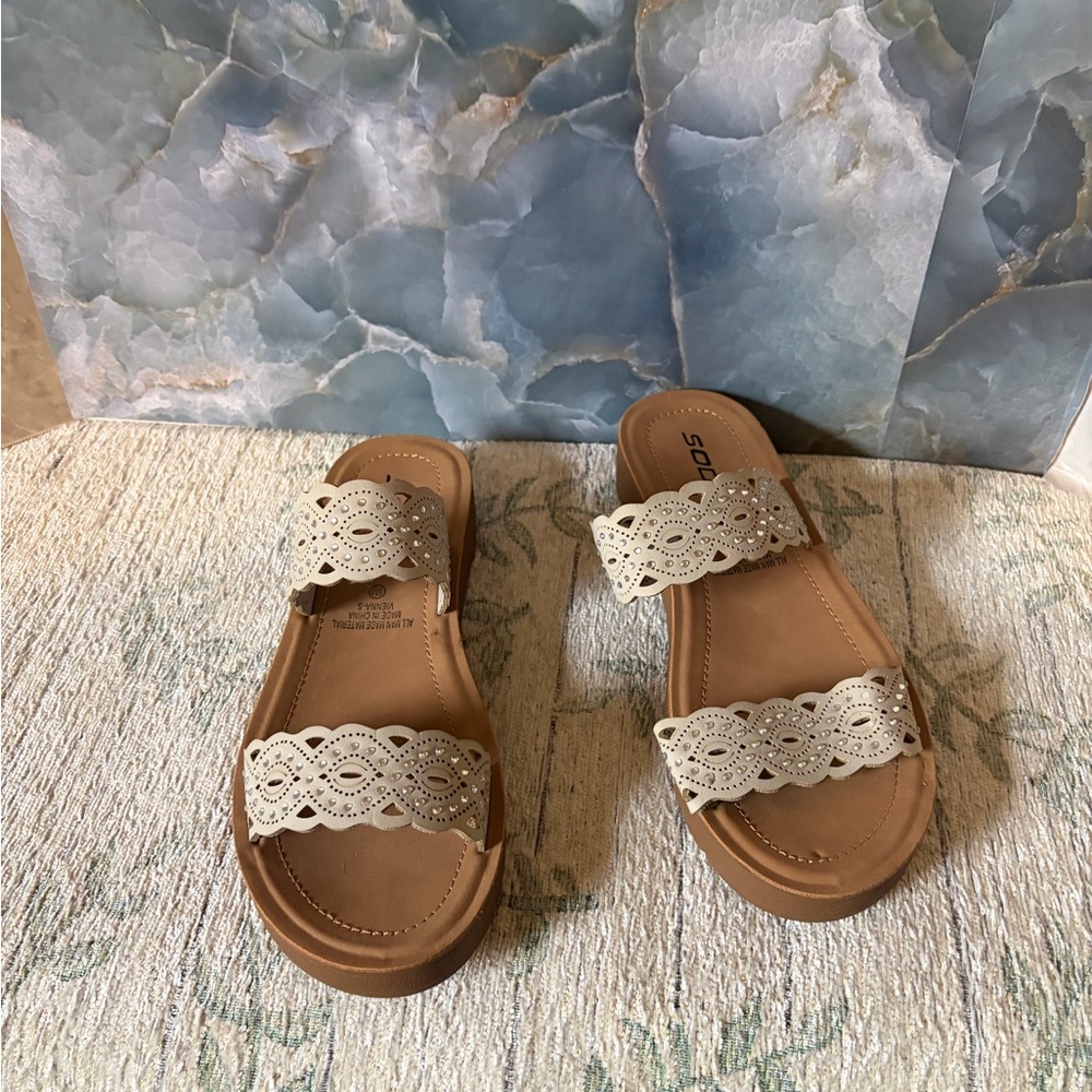 Women's Beige Laser-Cut Double Strap Soda Sandals Sandals